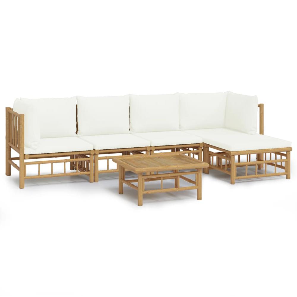 6 Piece Patio Lounge Set with Cream White Cushions Bamboo. Picture 1