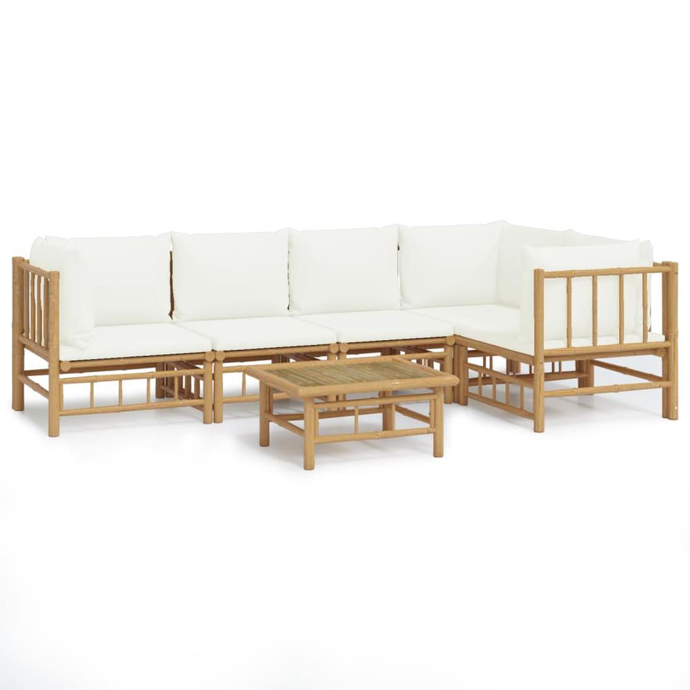 6 Piece Patio Lounge Set with Cream White Cushions Bamboo. Picture 1