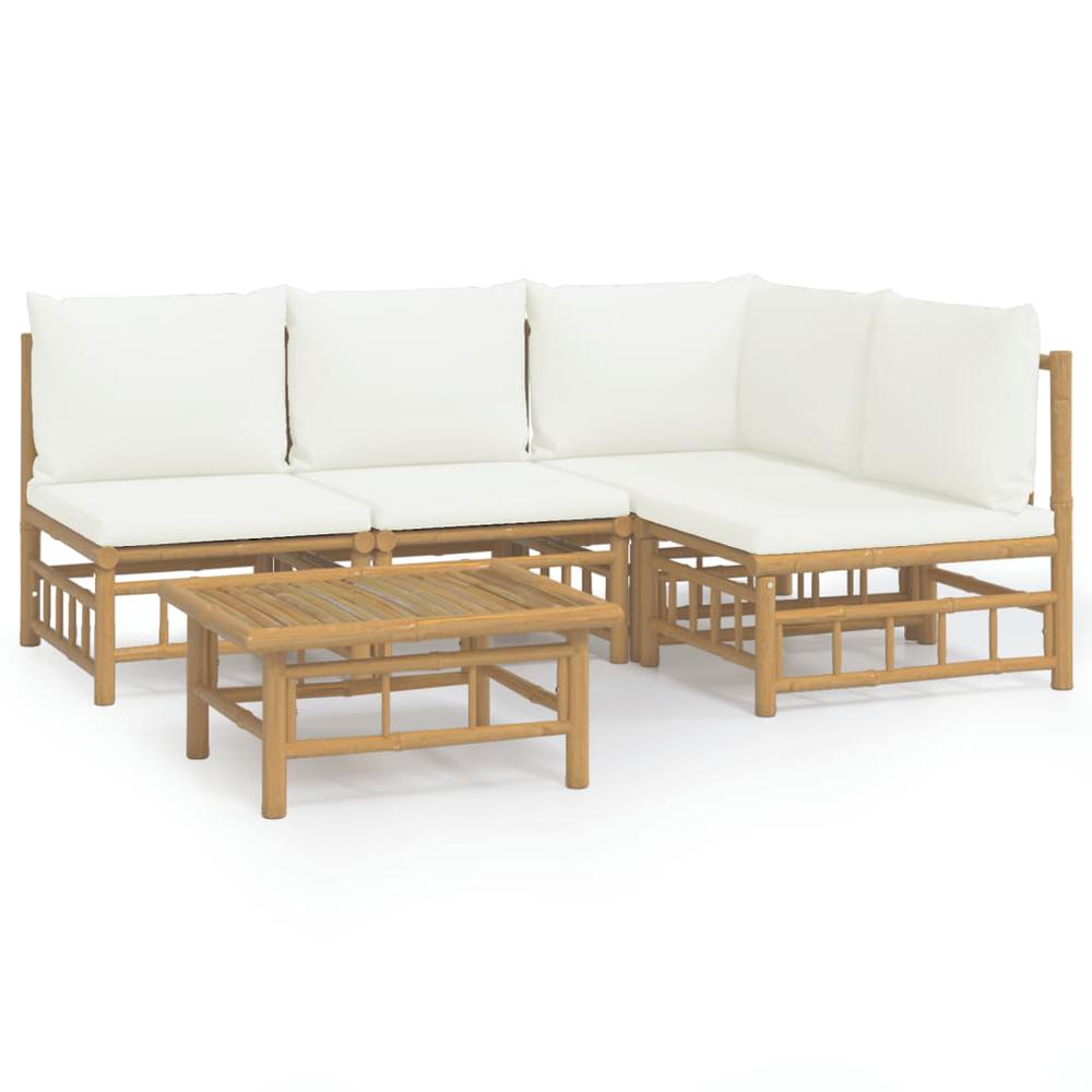 5 Piece Patio Lounge Set with Cream White Cushions Bamboo. Picture 1