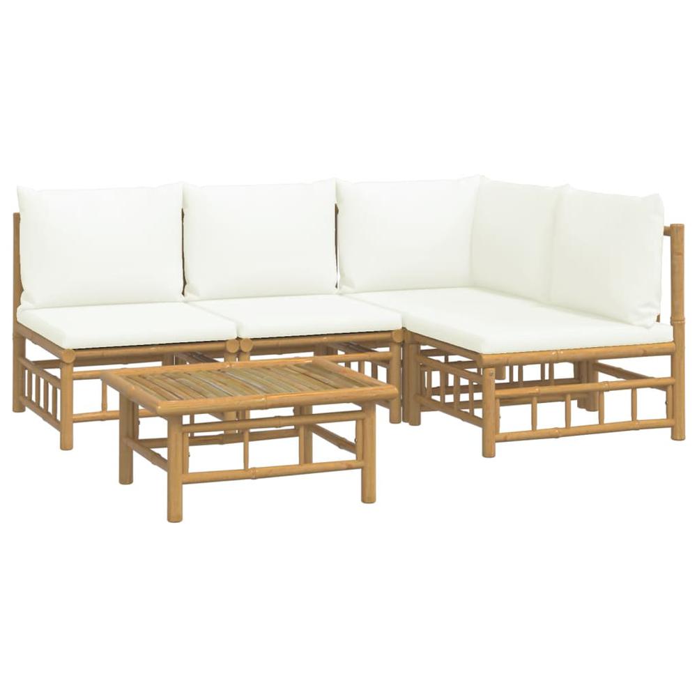 5 Piece Patio Lounge Set with Cream White Cushions Bamboo. Picture 2