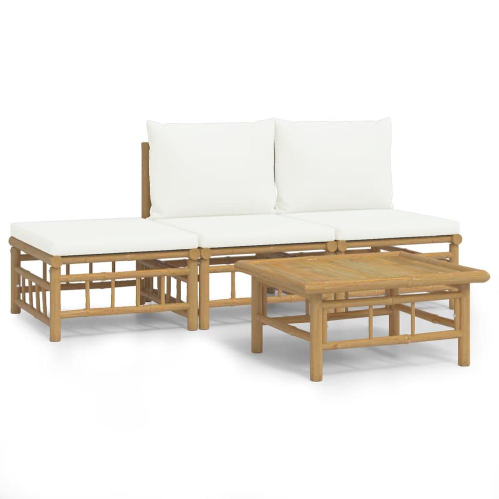 4 Piece Patio Lounge Set with Cream White Cushions Bamboo. Picture 1