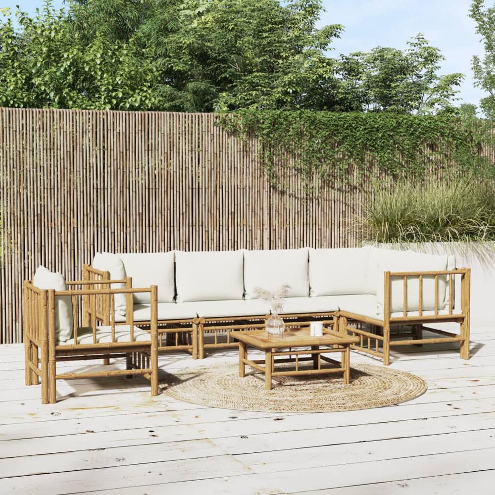 7 Piece Patio Lounge Set with Cream White Cushions Bamboo. Picture 11