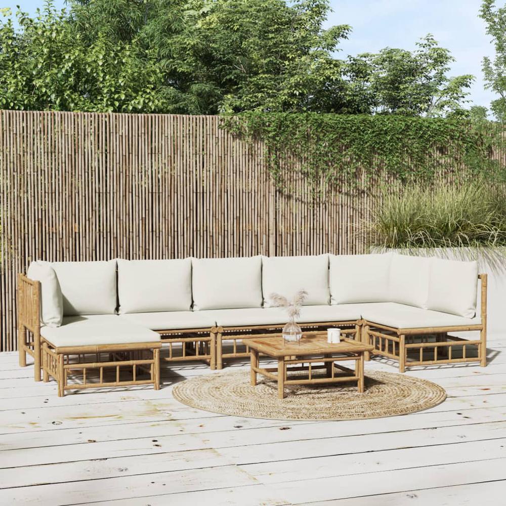 8 Piece Patio Lounge Set with Cream White Cushions Bamboo. Picture 11