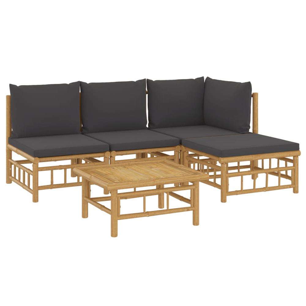 5 Piece Patio Lounge Set with Dark Gray Cushions Bamboo. Picture 2