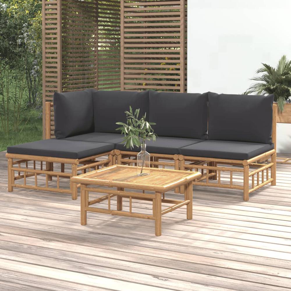 5 Piece Patio Lounge Set with Dark Gray Cushions Bamboo. Picture 11