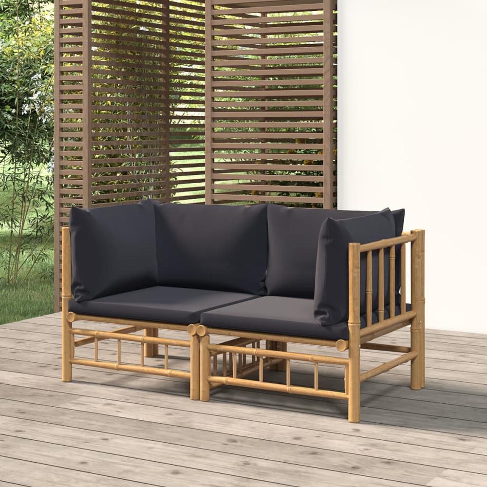 Patio Corner Sofas with Dark Gray Cushions 2 pcs Bamboo. Picture 6