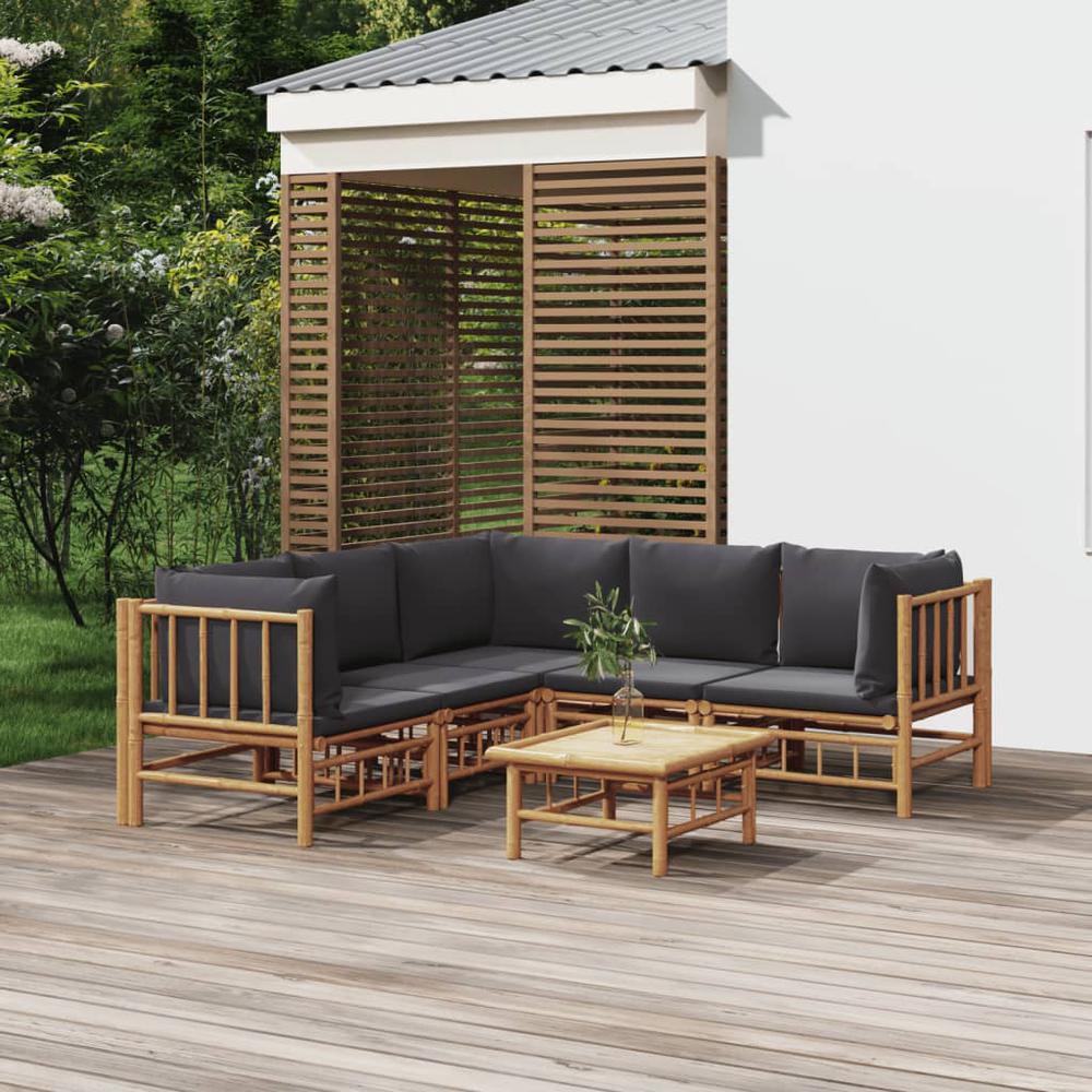 6 Piece Patio Lounge Set with Dark Gray Cushions Bamboo. Picture 9