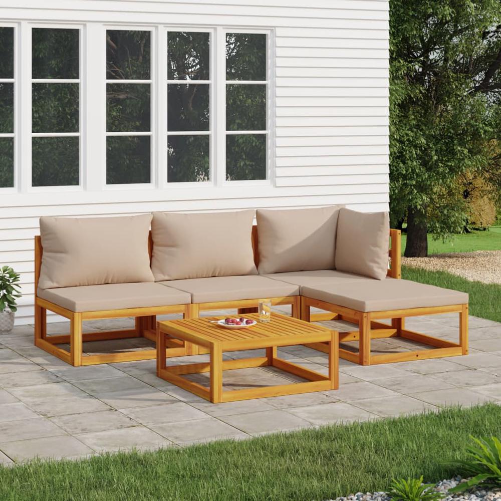 5 Piece Patio Lounge Set with Taupe Cushions Solid Wood. Picture 11