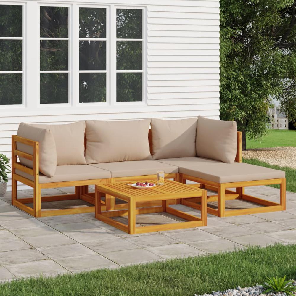 5 Piece Patio Lounge Set with Taupe Cushions Solid Wood. Picture 11