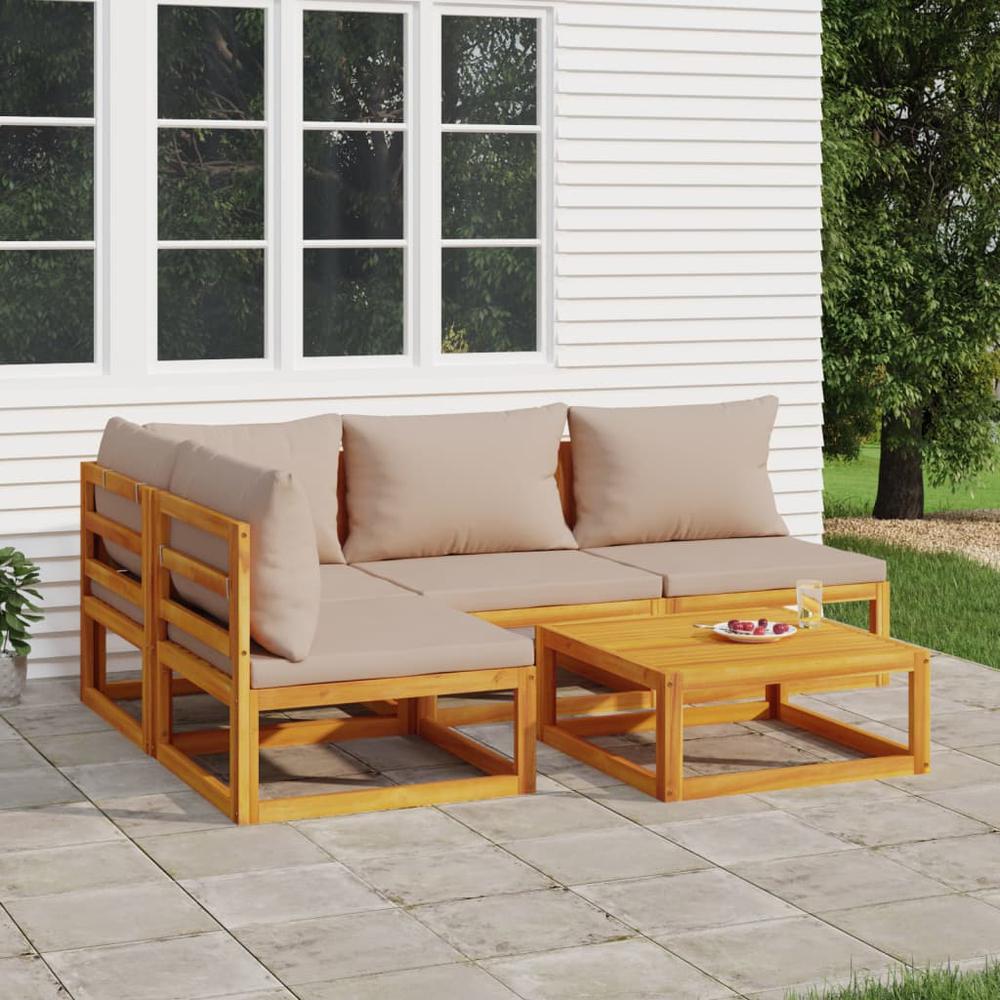 5 Piece Patio Lounge Set with Taupe Cushions Solid Wood. Picture 9