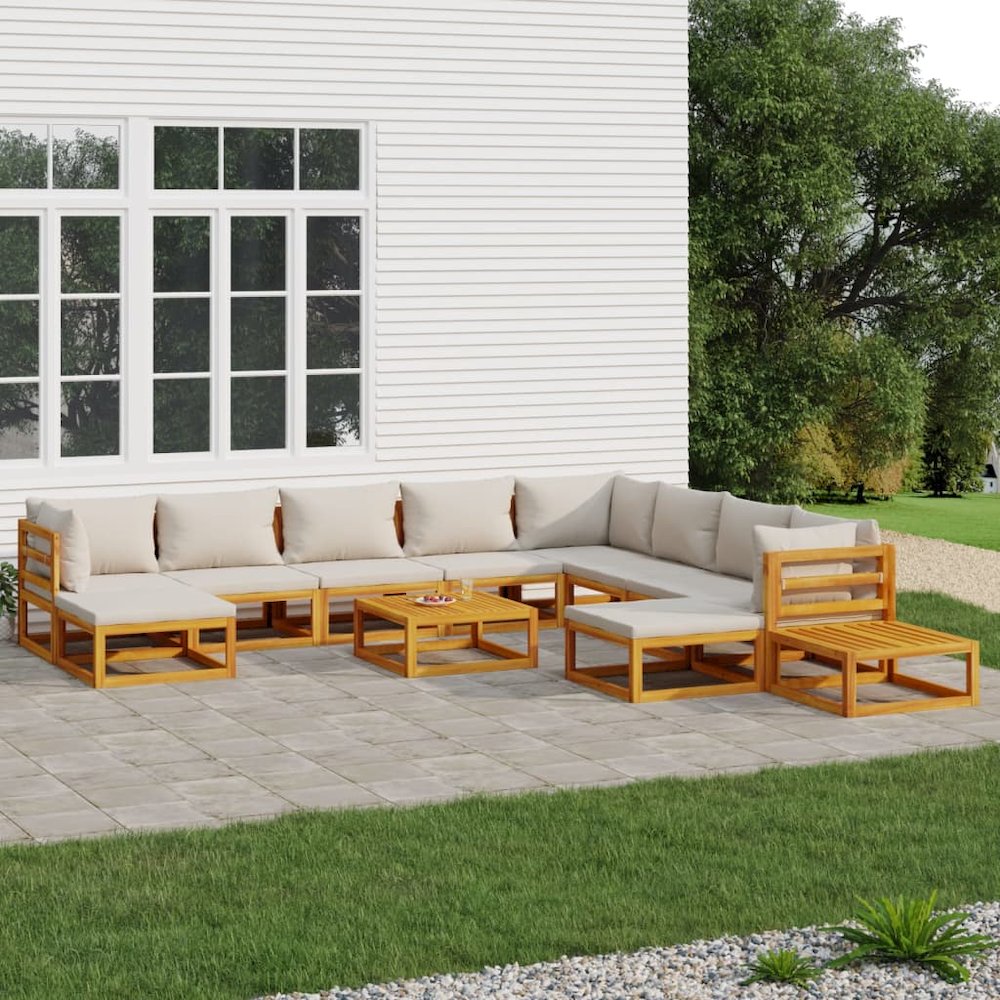 12 Piece Patio Lounge Set with Light Gray Cushions Solid Wood. Picture 1