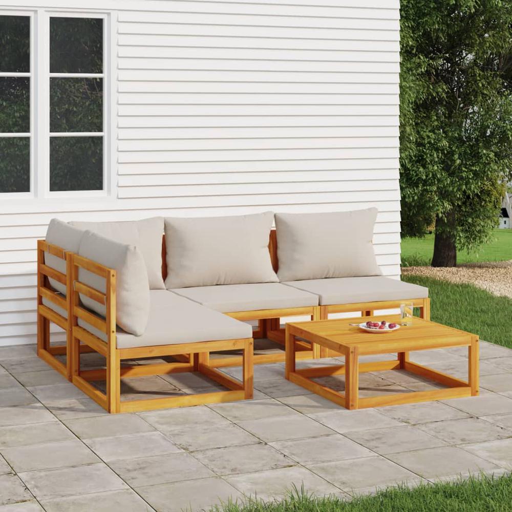 5 Piece Patio Lounge Set with Light Gray Cushions Solid Wood. Picture 9