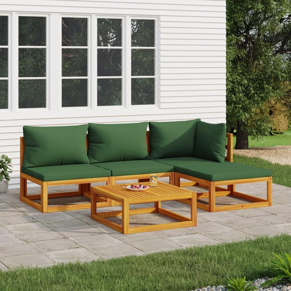 5 Piece Patio Lounge Set with Green Cushions Solid Wood. Picture 11