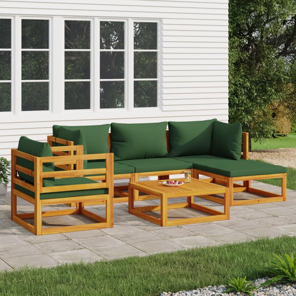 6 Piece Patio Lounge Set with Green Cushions Solid Wood. Picture 12