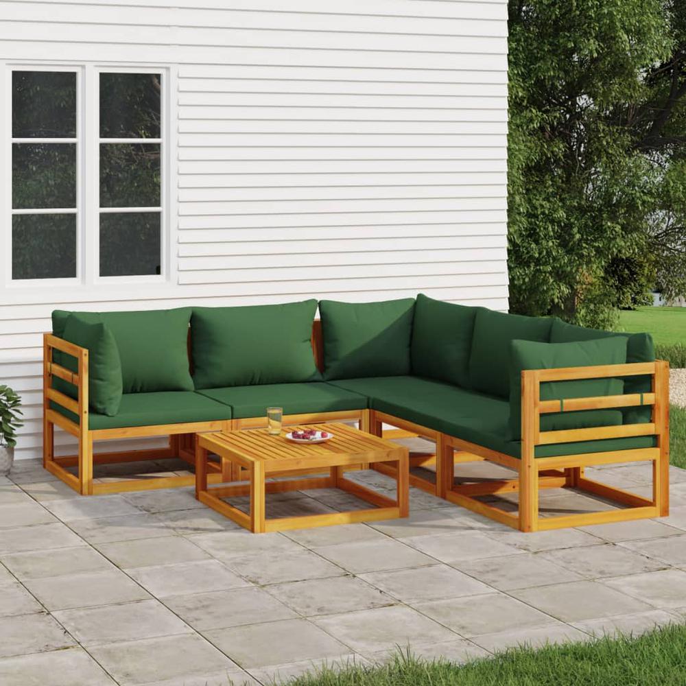 6 Piece Patio Lounge Set with Green Cushions Solid Wood. Picture 9