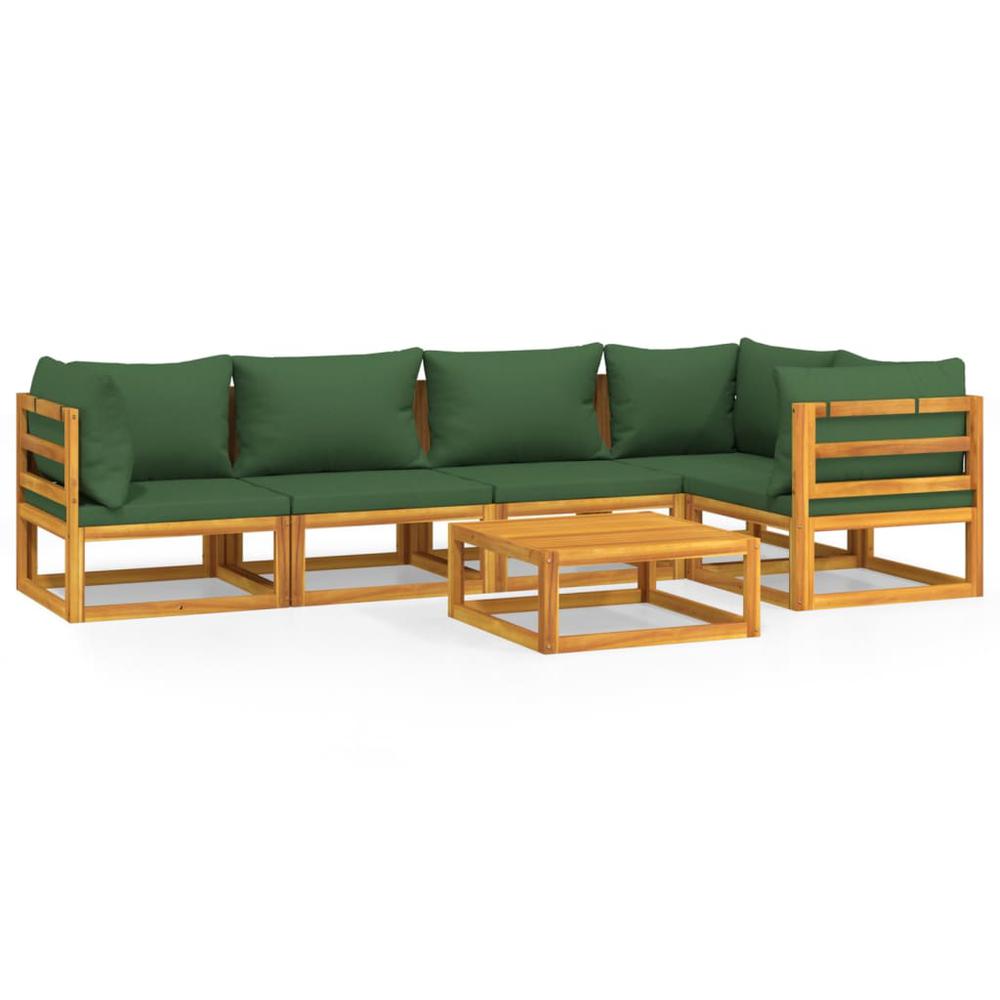 6 Piece Patio Lounge Set with Green Cushions Solid Wood. Picture 1