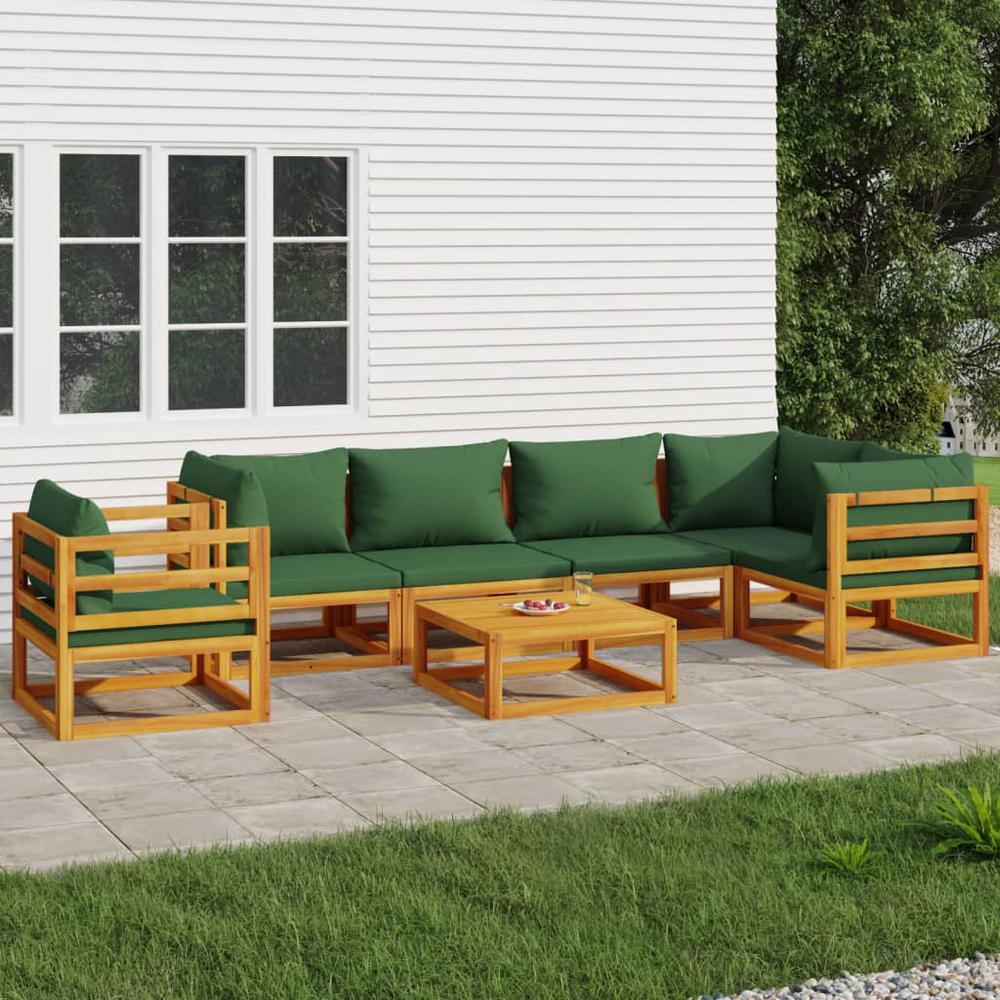 7 Piece Patio Lounge Set with Green Cushions Solid Wood. Picture 11