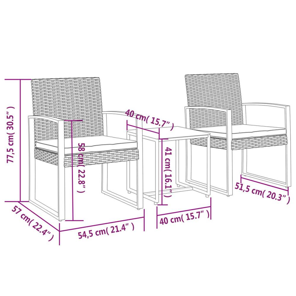 3 piece Patio Dining Set with Cushions Black PP Rattan. Picture 6