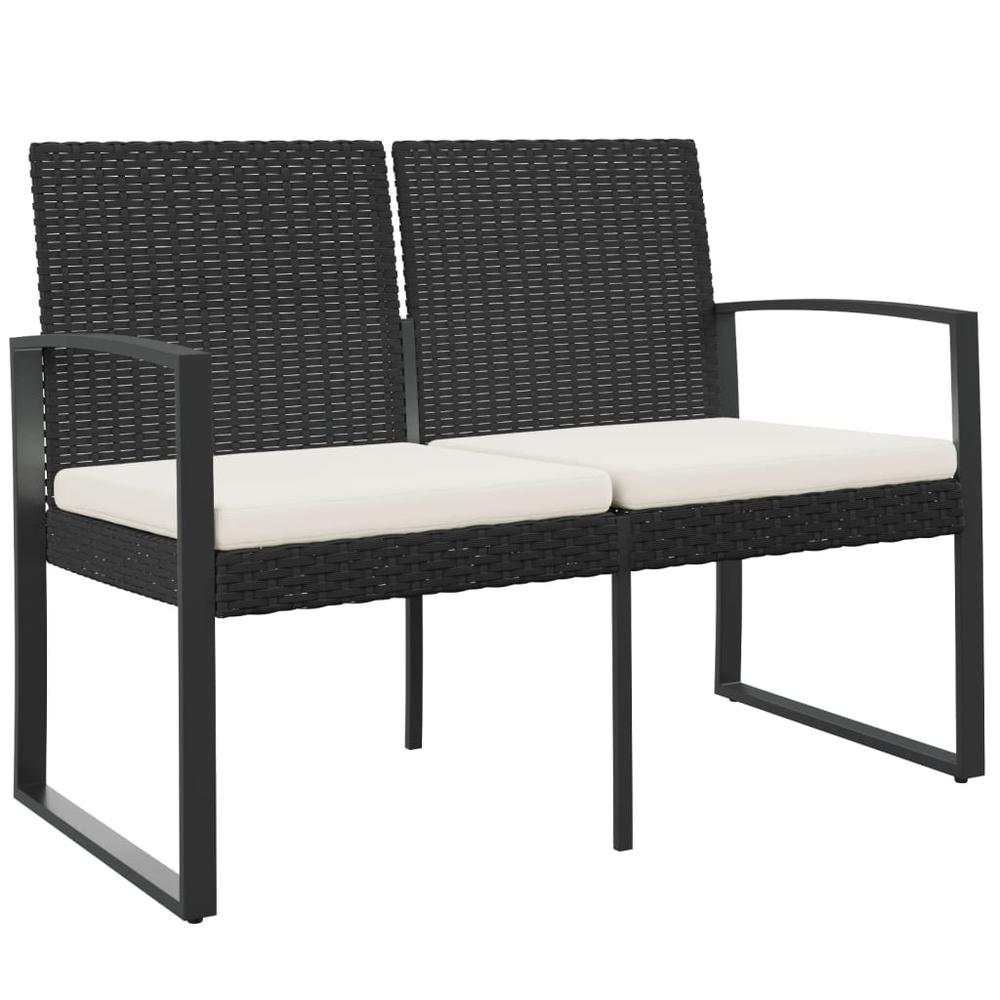 2-Seater Patio Bench with Cushions Black PP Rattan. Picture 1