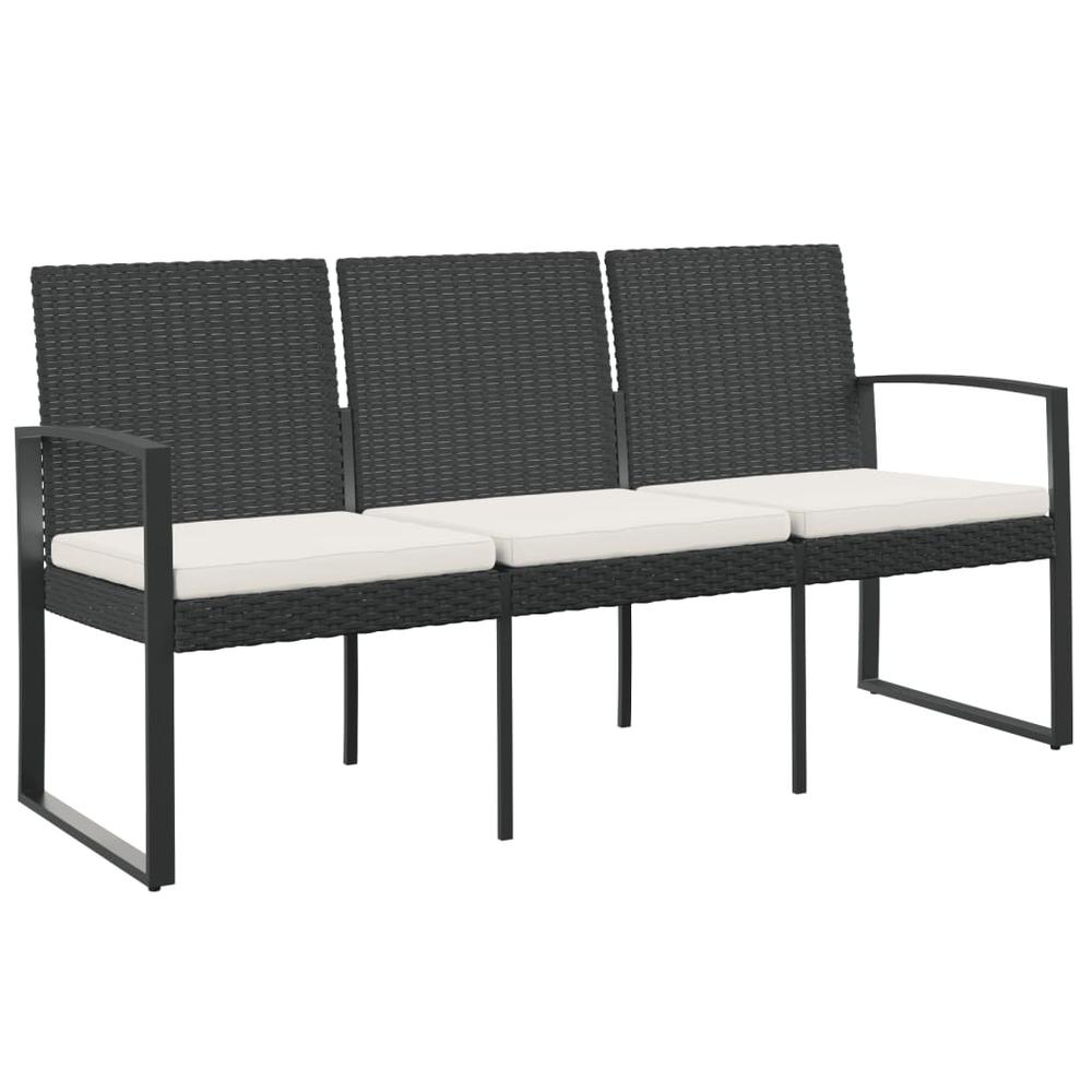 3-Seater Patio Bench with Cushions Black PP Rattan. Picture 1