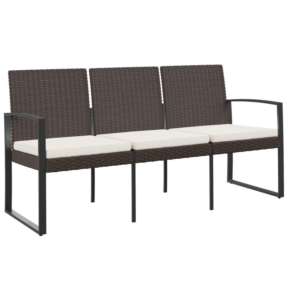 3-Seater Patio Bench with Cushions Brown PP Rattan. Picture 1