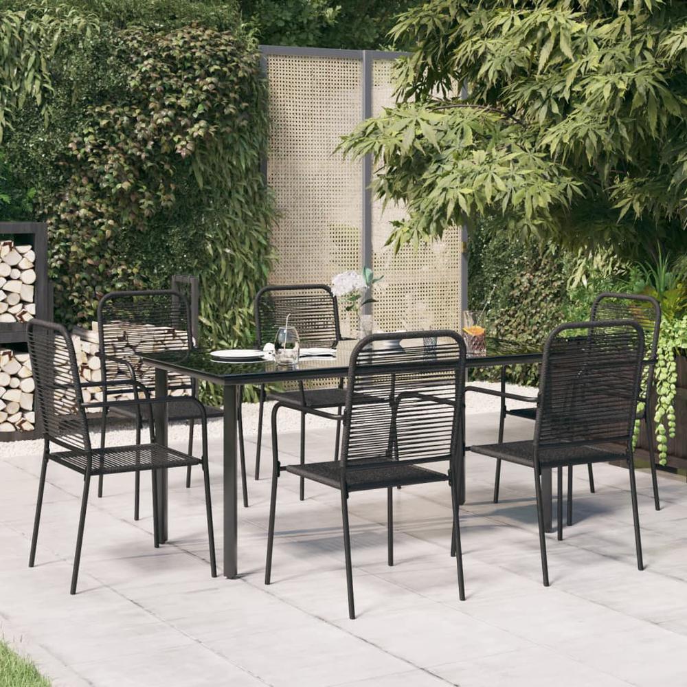 7 Piece Patio Dining Set Black Cotton Rope and Steel. Picture 11