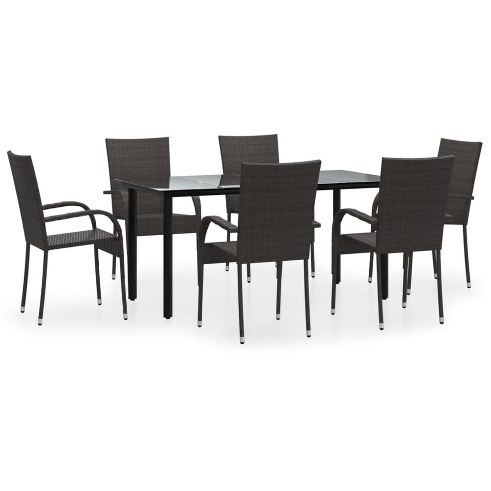 7 Piece Patio Dining Set Brown Poly Rattan. Picture 1