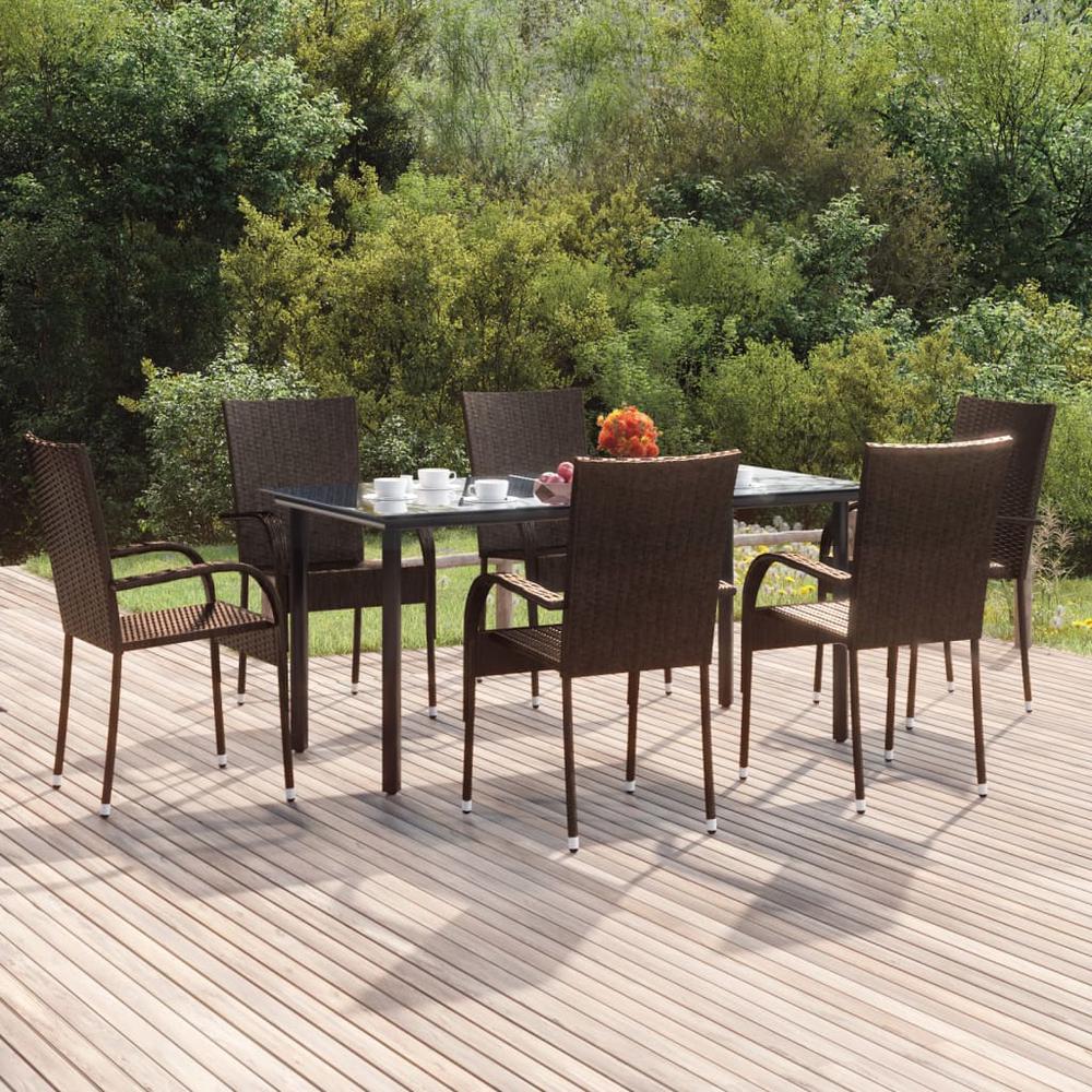 7 Piece Patio Dining Set Brown Poly Rattan. Picture 11