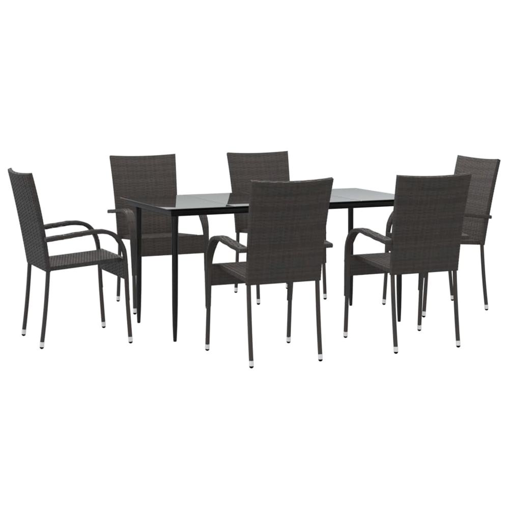 7 Piece Patio Dining Set Brown Poly Rattan. Picture 1