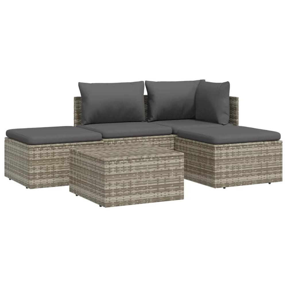 5 Piece Patio Lounge Set with Cushions Gray Poly Rattan. Picture 3