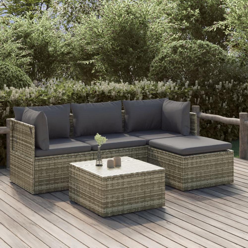 5 Piece Patio Lounge Set with Cushions Gray Poly Rattan. Picture 10