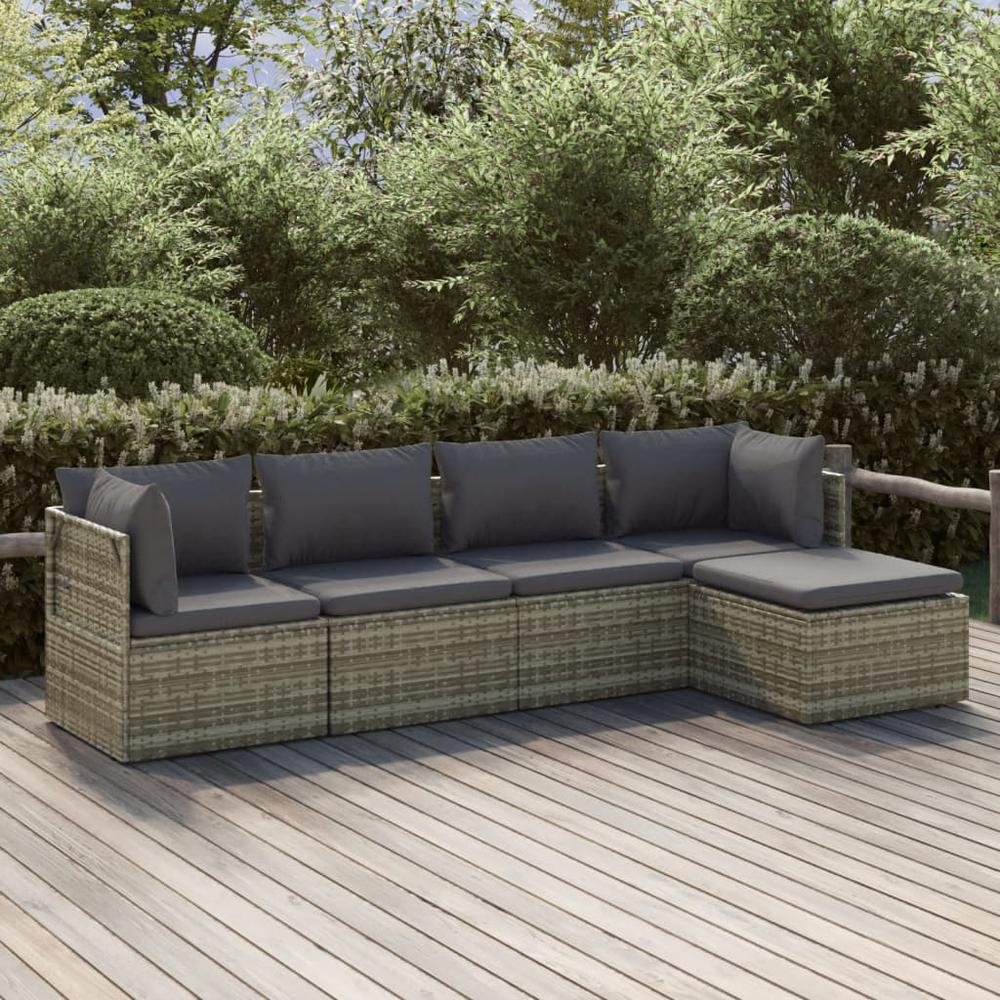 5 Piece Patio Lounge Set with Cushions Gray Poly Rattan. Picture 10