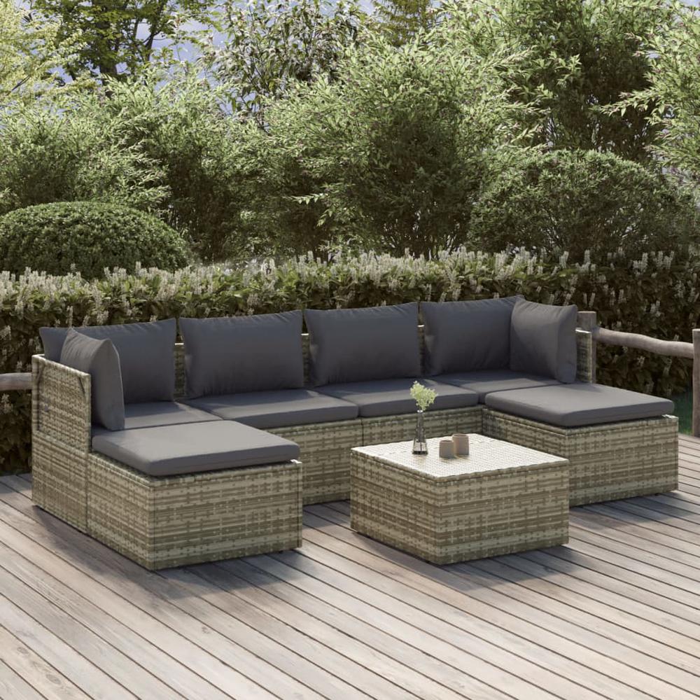 7 Piece Patio Lounge Set with Cushions Gray Poly Rattan. Picture 10