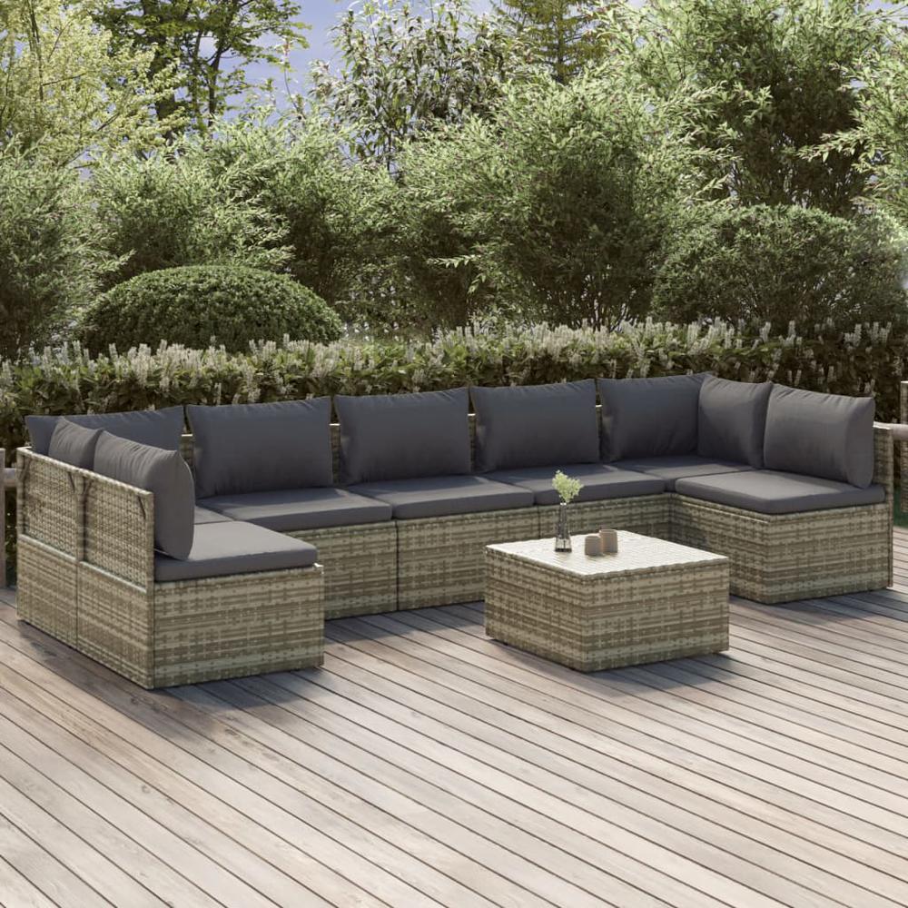 8 Piece Patio Lounge Set with Cushions Gray Poly Rattan. Picture 9