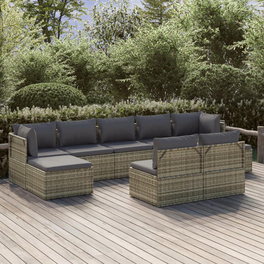 9 Piece Patio Lounge Set with Cushions Gray Poly Rattan. Picture 10