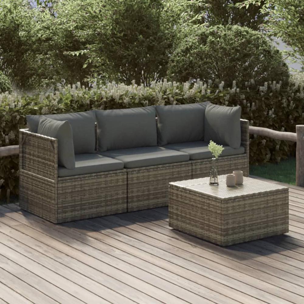 4 Piece Patio Lounge Set with Cushions Gray Poly Rattan. Picture 10
