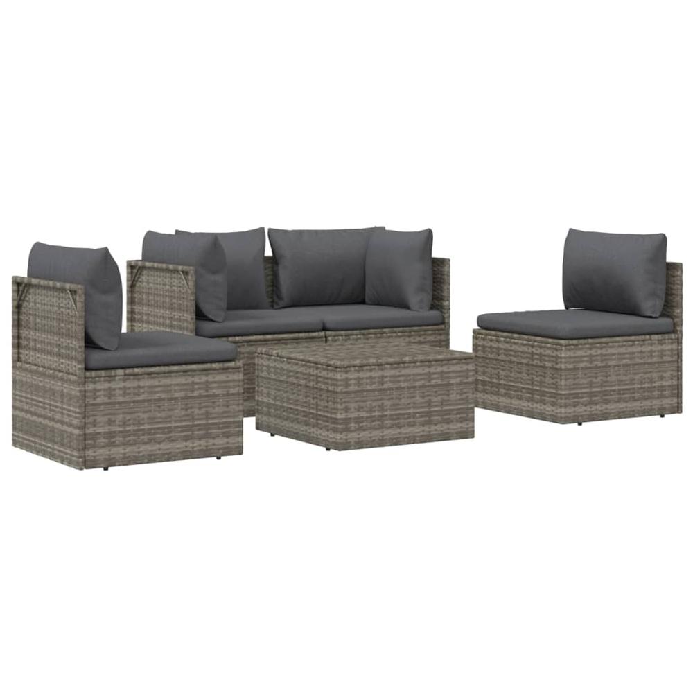 5 Piece Patio Lounge Set with Cushions Gray Poly Rattan. Picture 2