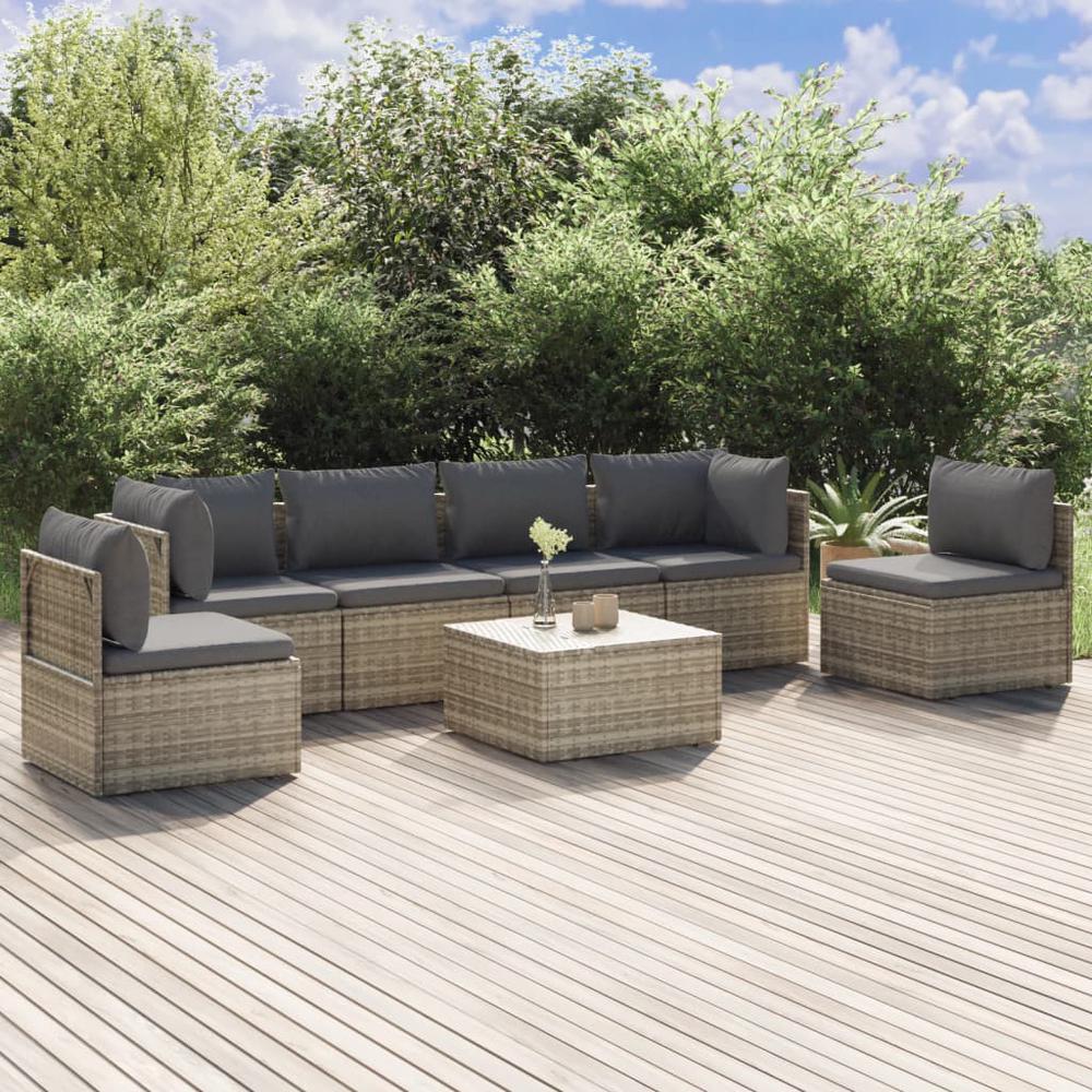 7 Piece Patio Lounge Set with Cushions Gray Poly Rattan. Picture 9