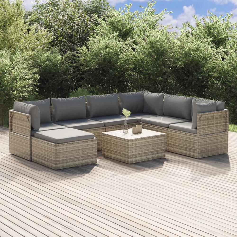 8 Piece Patio Lounge Set with Cushions Gray Poly Rattan. Picture 10