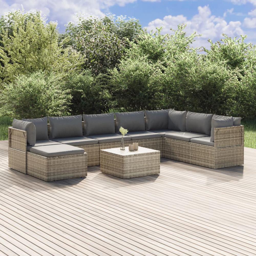 9 Piece Patio Lounge Set with Cushions Gray Poly Rattan. Picture 10