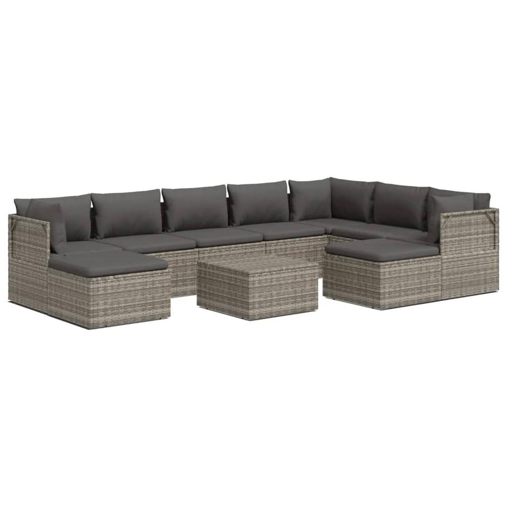 10 Piece Patio Lounge Set with Cushions Gray Poly Rattan. Picture 1