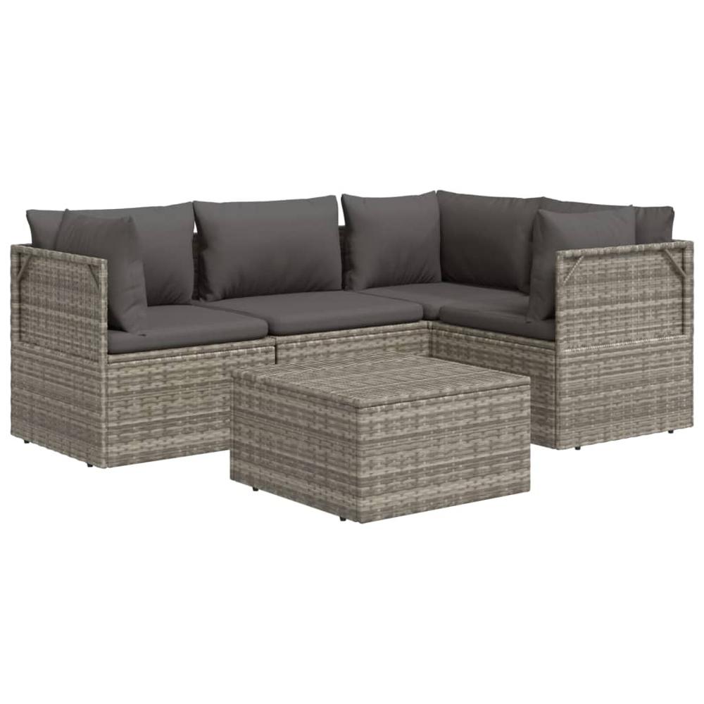 5 Piece Patio Lounge Set with Cushions Gray Poly Rattan. Picture 2