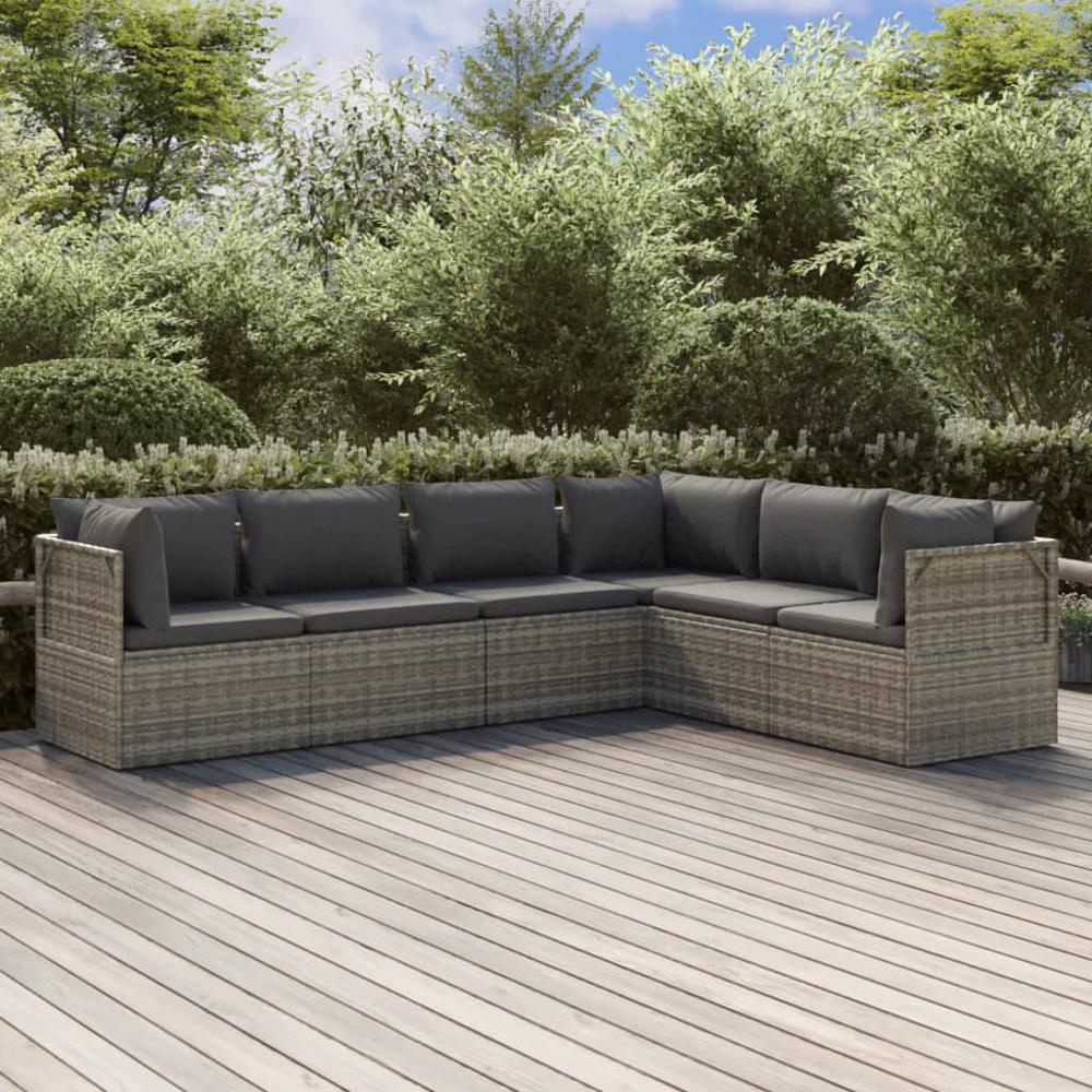 6 Piece Patio Lounge Set with Cushions Gray Poly Rattan. Picture 9