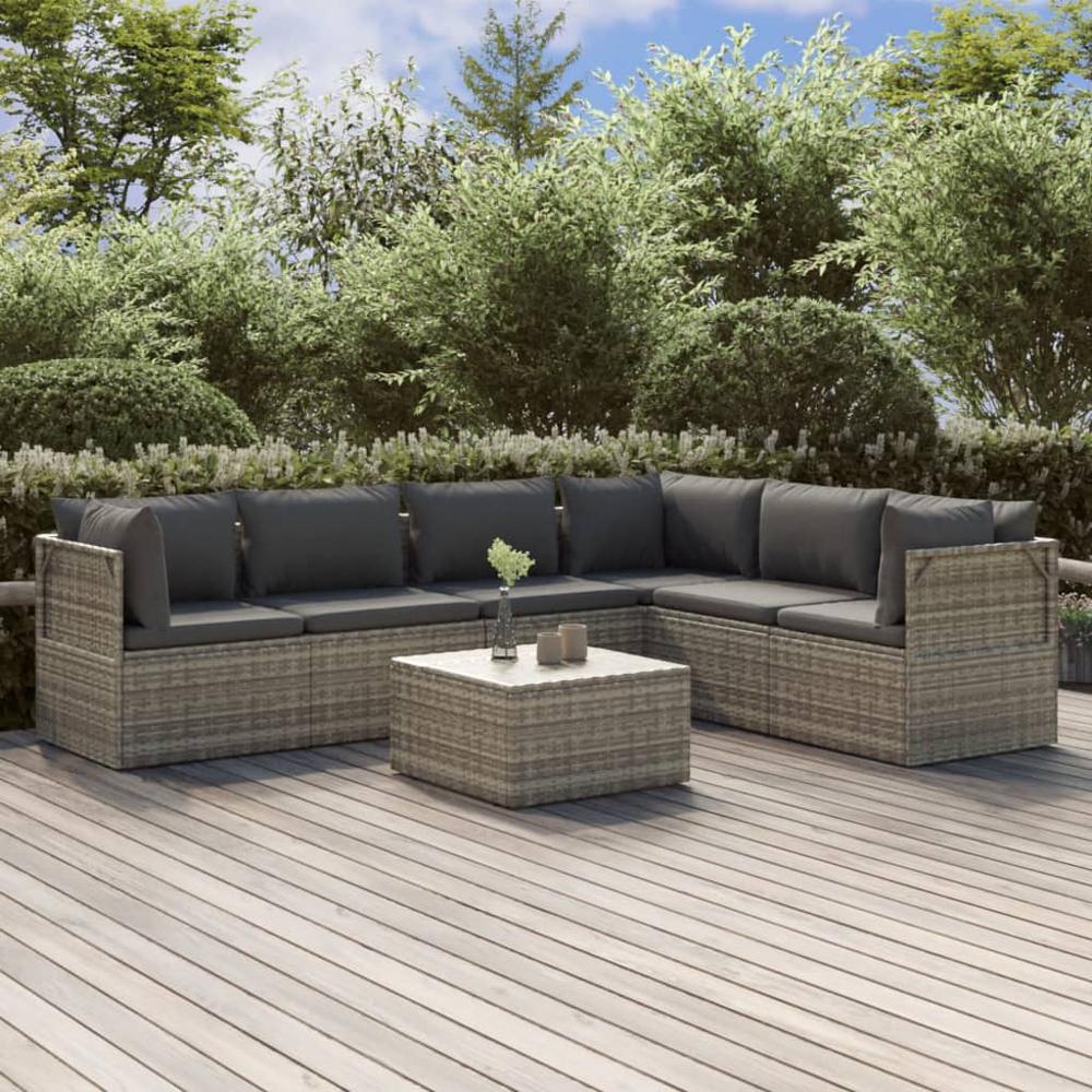 7 Piece Patio Lounge Set with Cushions Gray Poly Rattan. Picture 10