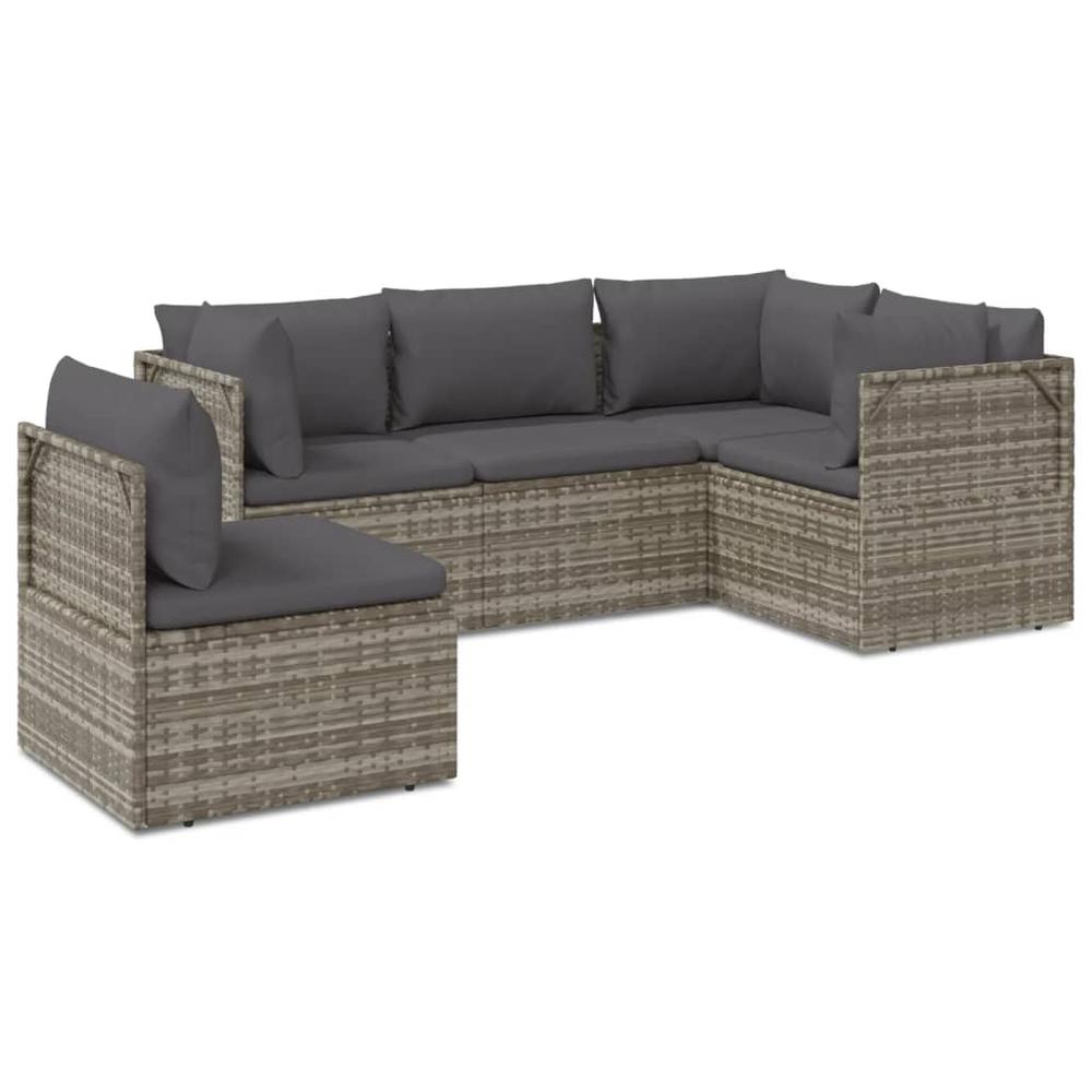 5 Piece Patio Lounge Set with Cushions Gray Poly Rattan. Picture 1