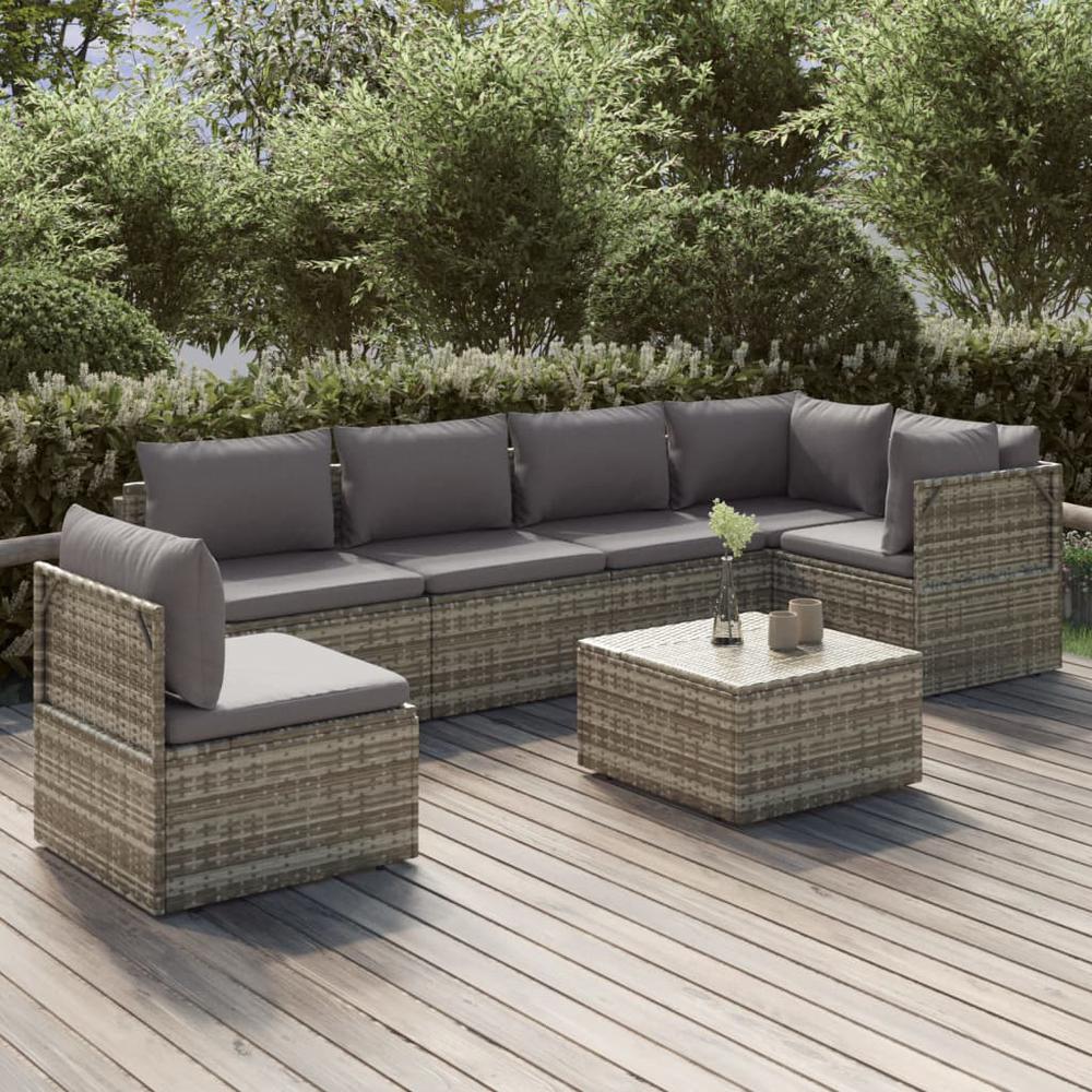7 Piece Patio Lounge Set with Cushions Gray Poly Rattan. Picture 9