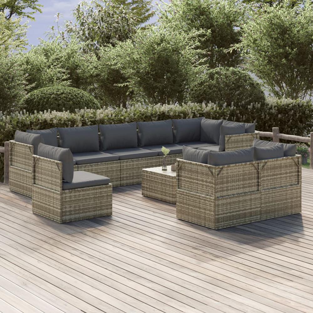 10 Piece Patio Lounge Set with Cushions Gray Poly Rattan. Picture 9