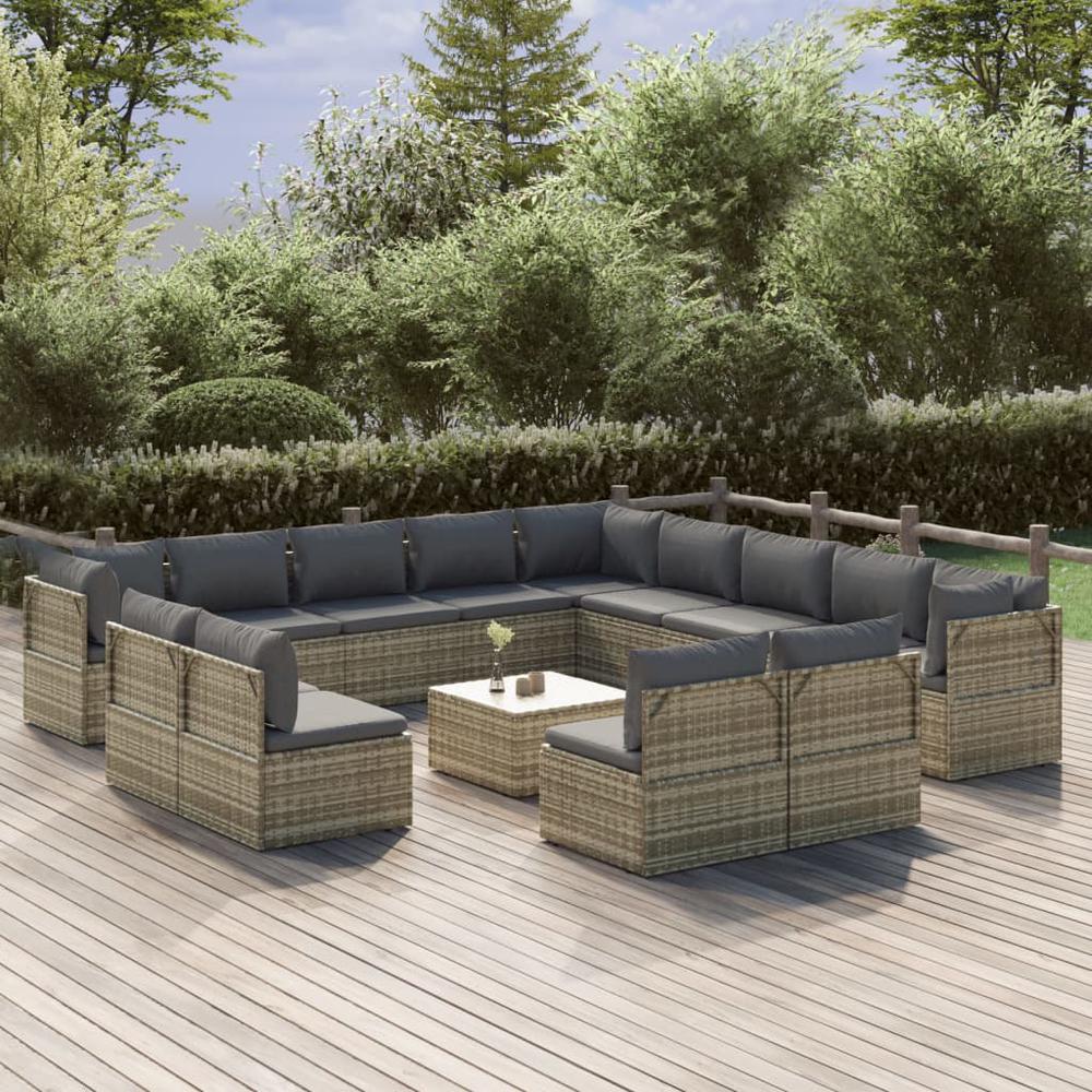 14 Piece Patio Lounge Set with Cushions Gray Poly Rattan. Picture 9