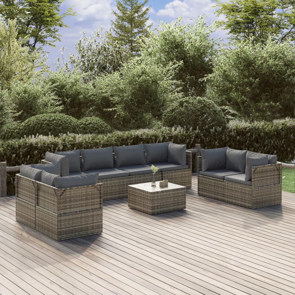 9 Piece Patio Lounge Set with Cushions Gray Poly Rattan. Picture 9