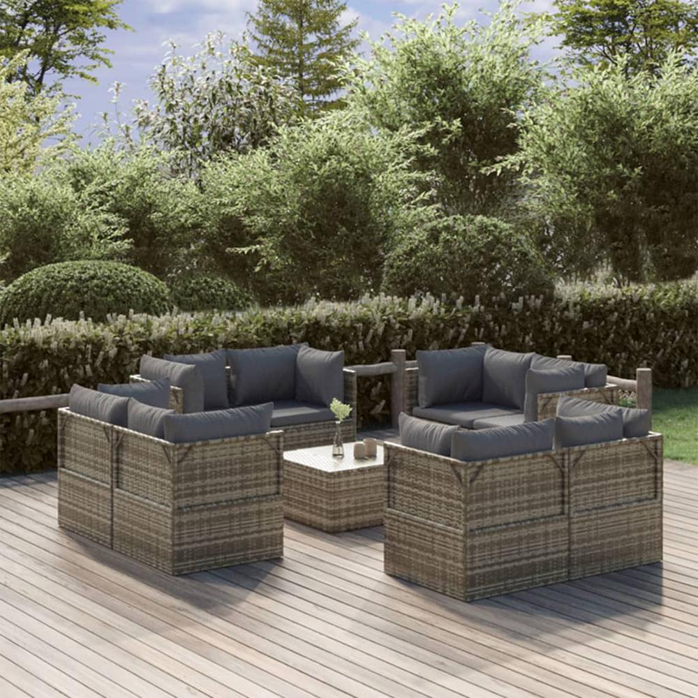 9 Piece Patio Lounge Set with Cushions Gray Poly Rattan. Picture 8